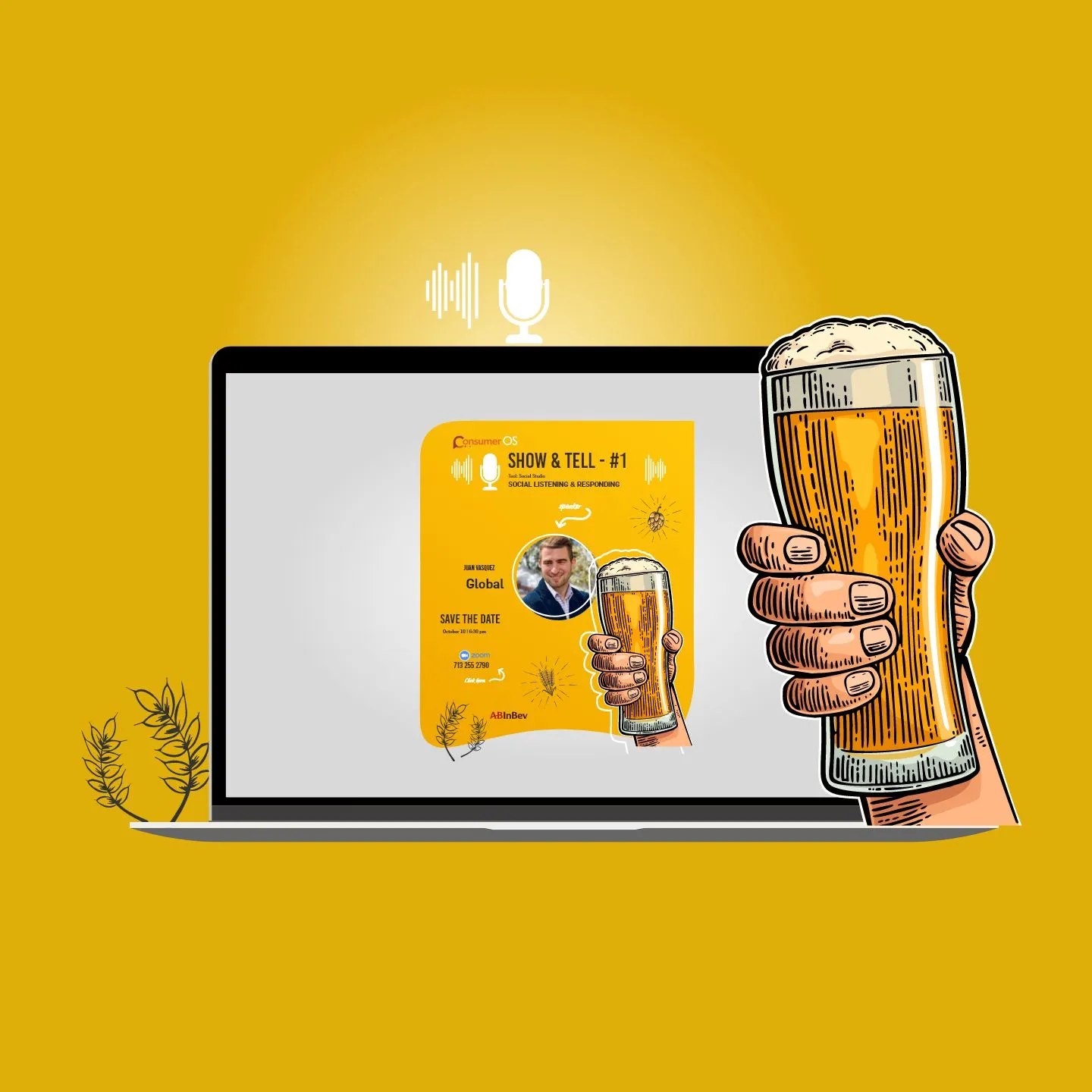 Convite ilustrado do Consumer OS Show & Tell, com uma mão segurando um copo de cerveja