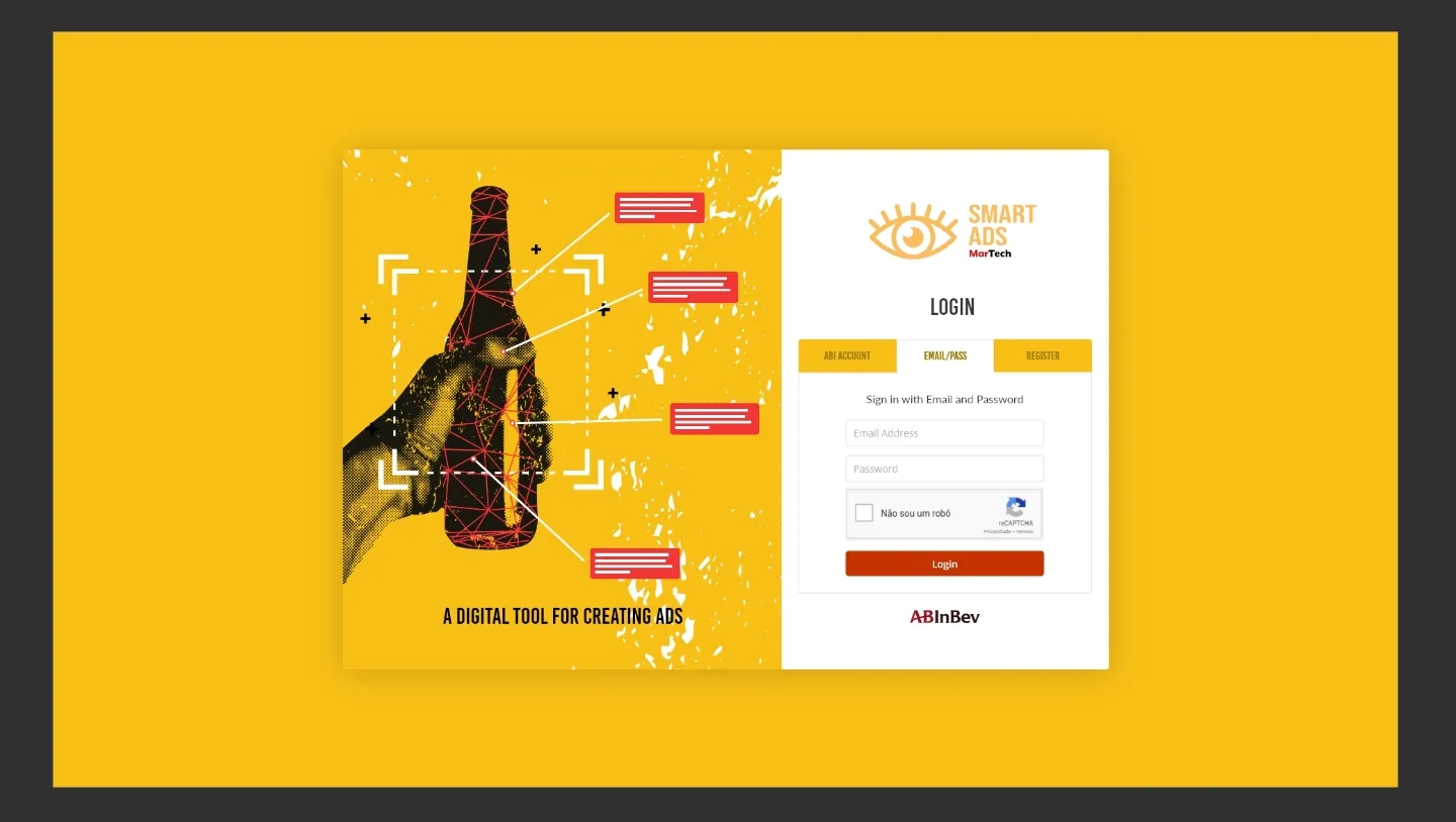 Tela de login do Smart Ads MarTech, com a frase "A digital tool for creating ads"