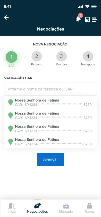Tela de validação do CAR (Cadastro Ambiental Rural) no fluxo de nova negociação