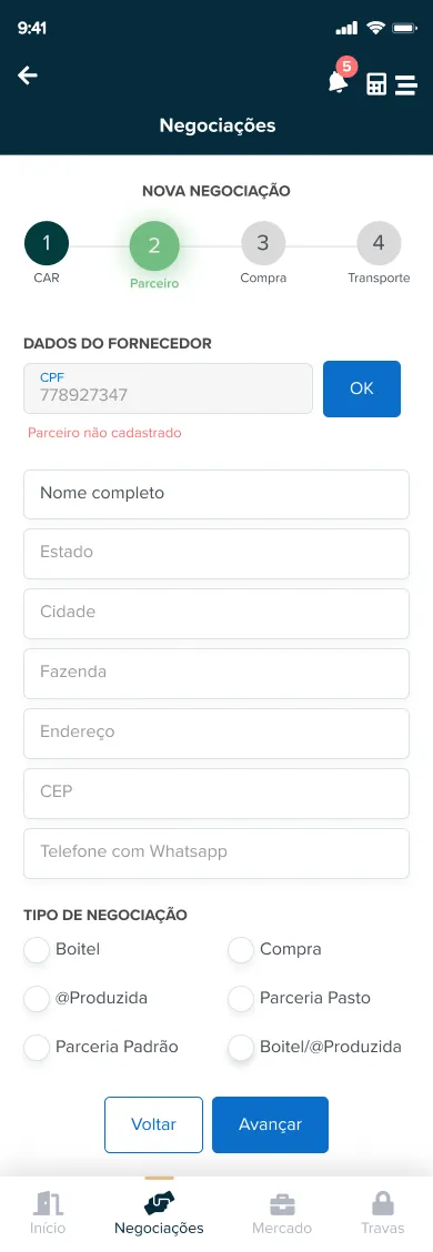 Tela de estado vazio quando o parceiro não é encontrado na negociação