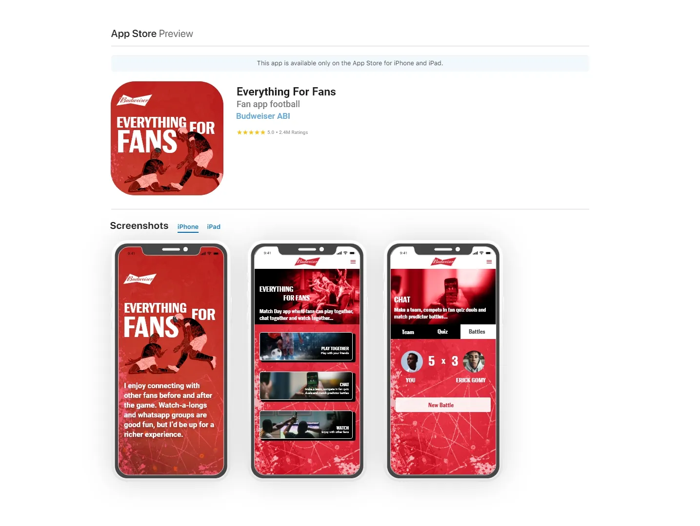 Simulação da página do app de fãs da Budweiser na App Store