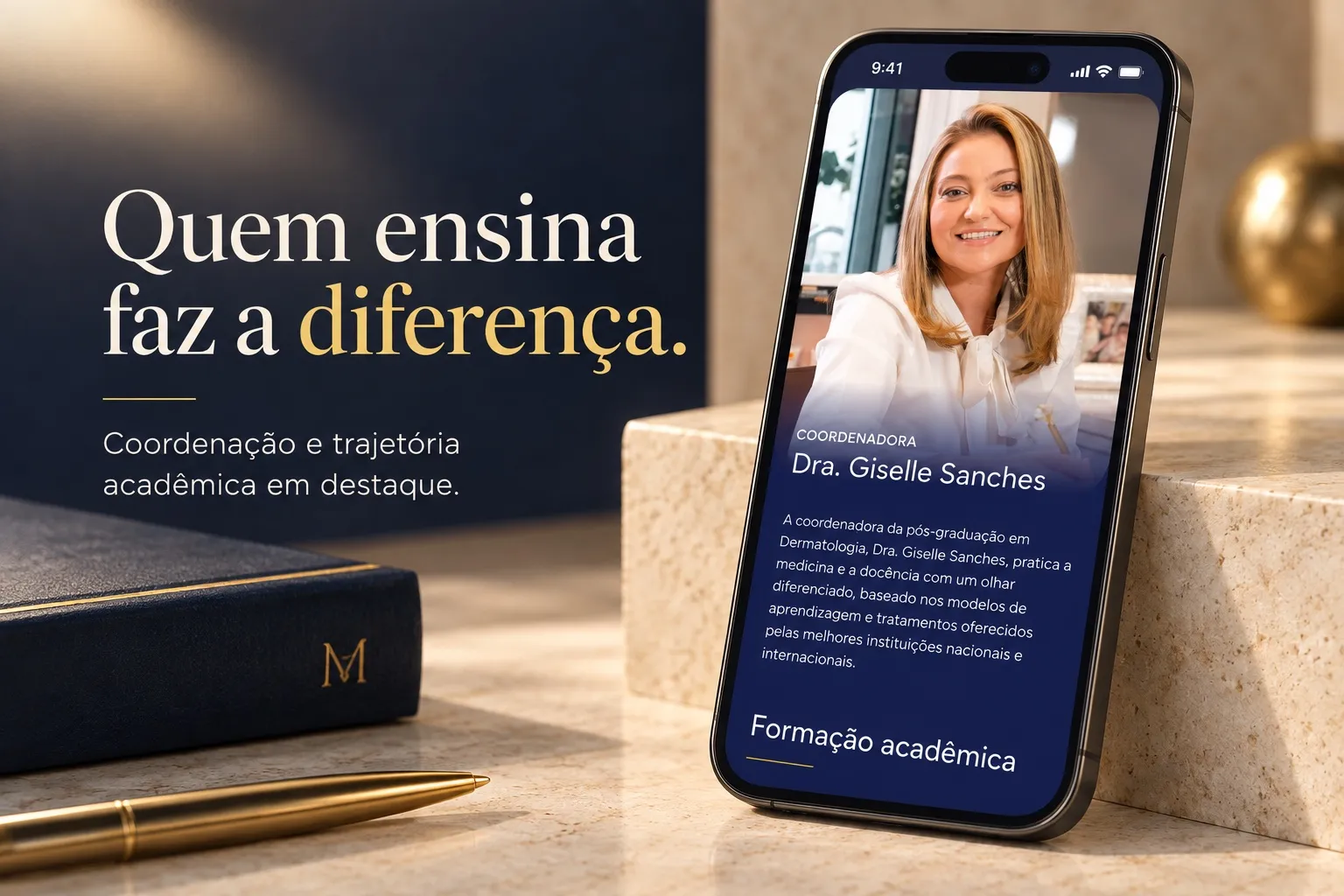 Perfil da coordenadora da pós-graduação em Dermatologia, Dra. Giselle Sanches, com foto e formação acadêmica