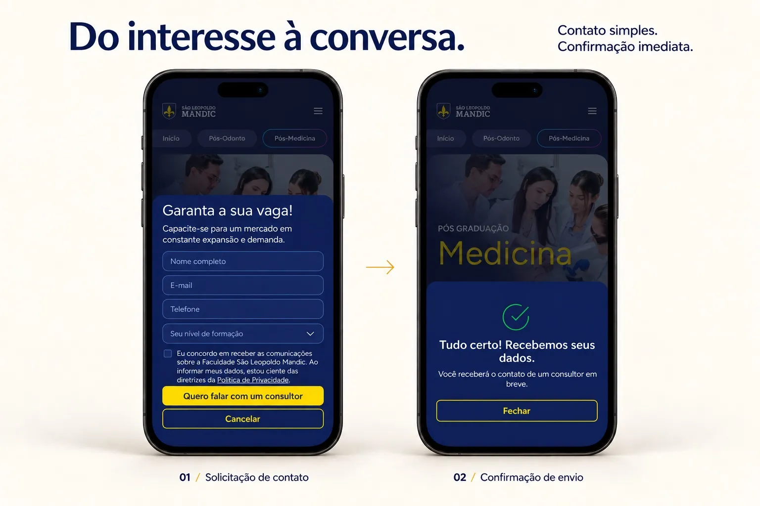 Formulário "Garanta a sua vaga" e tela de confirmação de envio dos dados