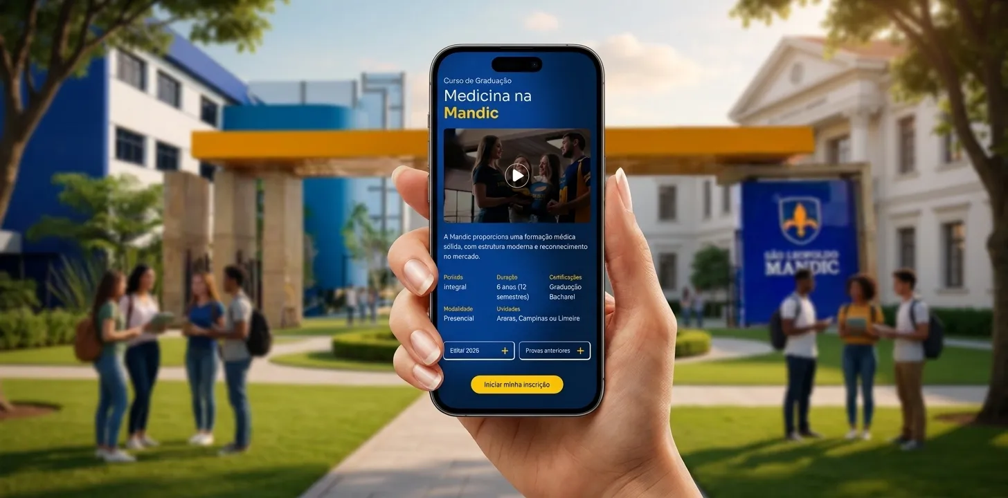 Celular exibindo a landing page de captação "Medicina na Mandic", com o campus da Faculdade Mandic desfocado ao fundo