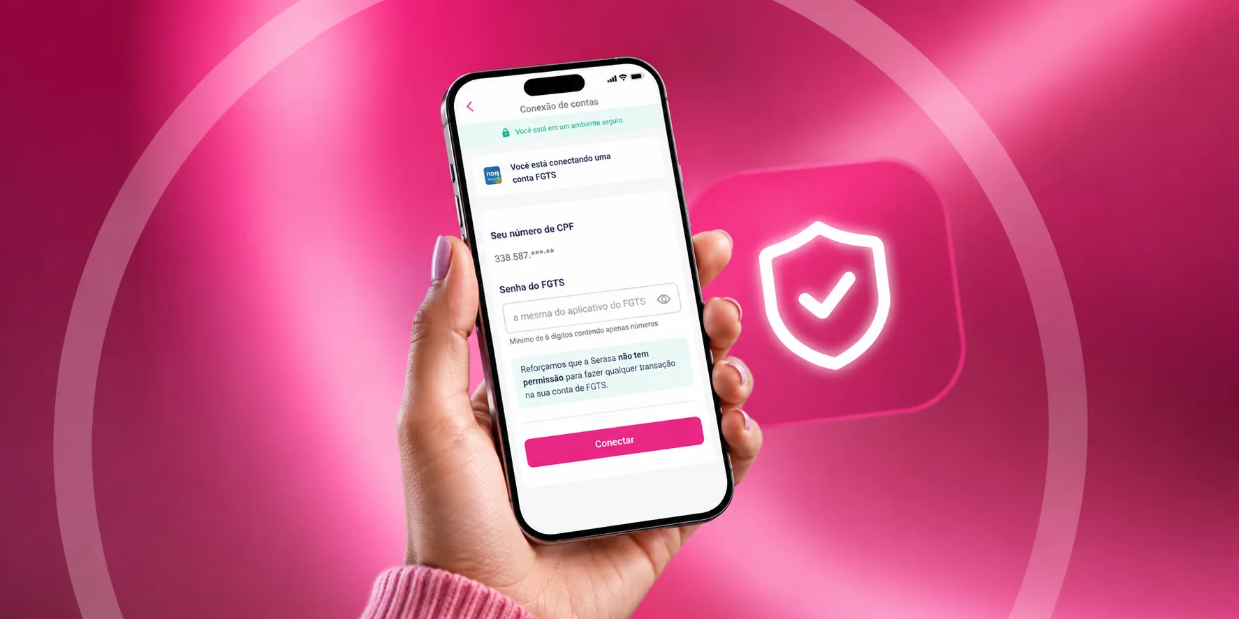 Celular exibindo a tela de conexão e consentimento de dados do FGTS no app da Serasa
