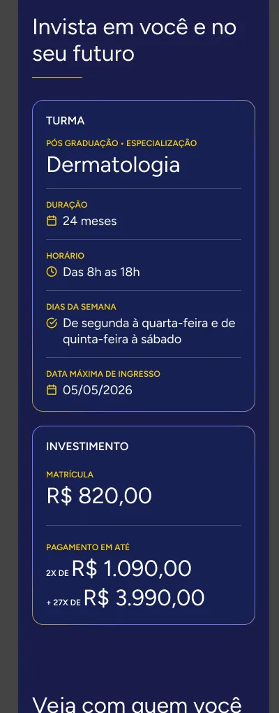 Cartão de investimento mostrando valor da matrícula e opções de parcelamento para o curso de Dermatologia